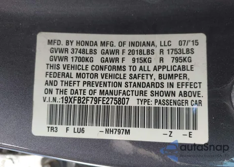 2015 Honda Civic Se z USA, uszkodzony, nr VIN 19XFB2F79FE275807
